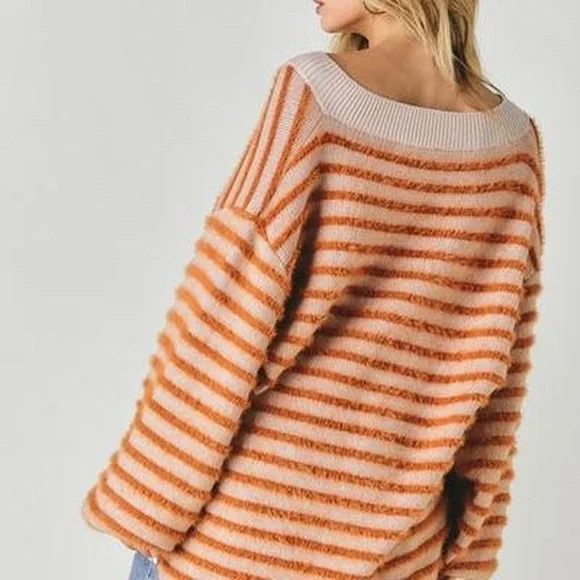 Cozy Striped V-Neck Sweater - Orange and Cream - Picture 3 of 4